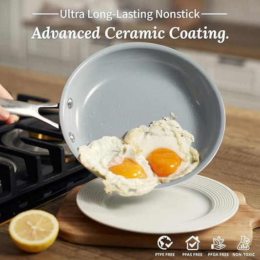 Coicur Nonstick Ceramic Frying Pans 8" 9.5" 11" Ceramic Skillets Set with Stainless Steel Handle Omelet Pans Healthy Cooking Chef Pans, PFOA Free, Navy Blue