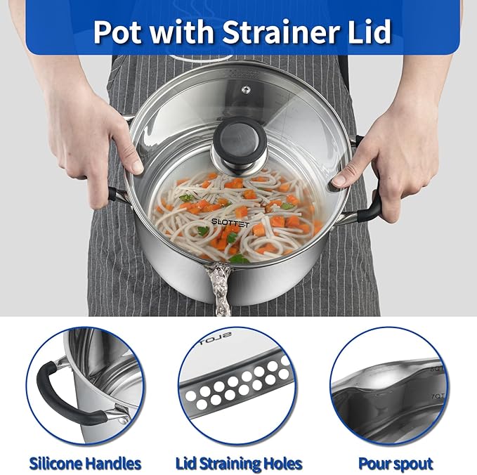 SLOTTET 6 Quart Stainless Steel Stock Pot with Strainer Glass Lid,6 Qt Soup Pot Multipurpose Stockpot with Pour Spout,Stay-cool silicone Handle.