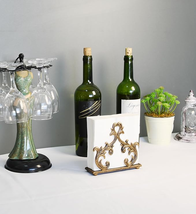 Owlgift Baroque Bronze Napkin Holder – Decorative Metal Tissue Rack for Tabletop, Mail, or Bill Organizer – 6 x 2 x 5.3 Inches, Rustic Finish for Home or Restaurant Use