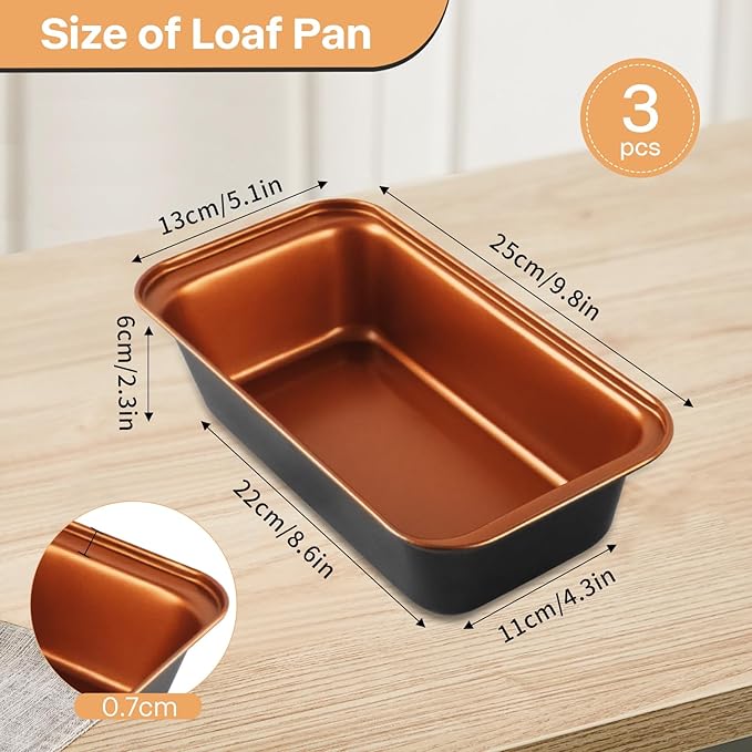 3-Pack 8x4 Loaf Pan for Baking Bread, Nonstick Bread Pan With Copper & Black Two-Tone Finish Perfect for Homemade Bread, Meatloaf, Pound Cake