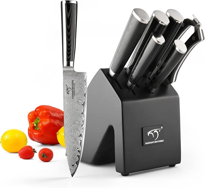 NANFANG BROTHERS 7 Pieces Damascus Kitchen Knife Set with Block, ABS Ergonomic Handle for Chef Knives, Kitchen Shears, Knife Block Set for Chopping, Slicing & Cutting