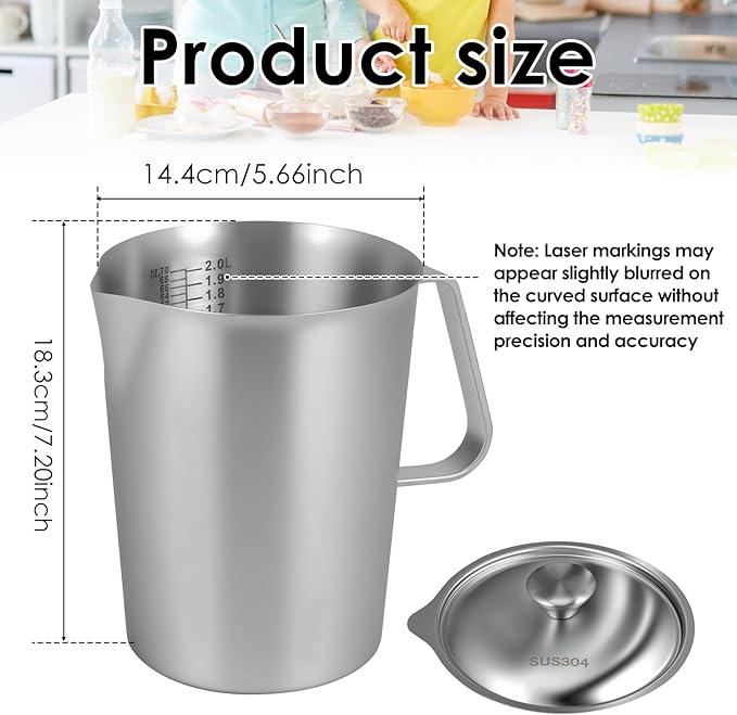 2 L / 70 oz Large Stainless Steel Measuring Cup with Lid, 8 Cup Metal Measuring Cups with Handle, Precision Markings Stainless Steel Pitcher for Espresso Machine, Latte Art, Hot/cold Water