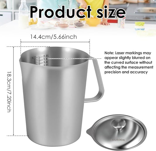 2 L / 70 oz Large Stainless Steel Measuring Cup with Lid, 8 Cup Metal Measuring Cups with Handle, Precision Markings Stainless Steel Pitcher for Espresso Machine, Latte Art, Hot/cold Water
