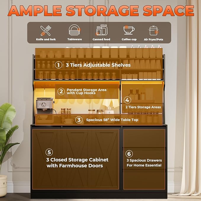 Farmhouse Kitchen Pantry Cabinet with Power Outlet & LED Light, Large Coffee Bar Cupboard with Microwave Stand, 3 Doors & 3 Drawers, 7 Cup Holders & 8 Open Cubbies, Adjusted Shelves (Black)