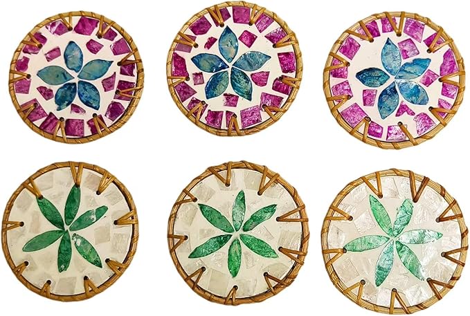 A Set of 6 Beverage Coasters, Rattan/Colorful Shell/Coffee&Tea Cup/Handmade Woven Coasters for Various Cups, Desktop Protection, Special Home Gifts