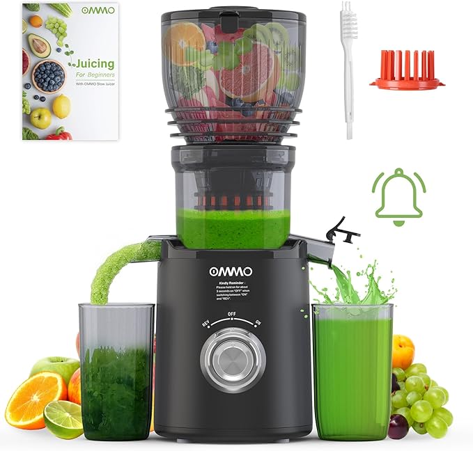 OMMO Juicer Machines, 300W Cold Press Juicer for Whole Vegetables & Fruits with 6'' Large Feed Chute, Slow Masticating Juicer Easy to Clean, High Juice Yield, BPA Free, Black