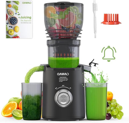 OMMO Juicer Machines, 300W Cold Press Juicer for Whole Vegetables & Fruits with 6'' Large Feed Chute, Slow Masticating Juicer Easy to Clean, High Juice Yield, BPA Free, Black