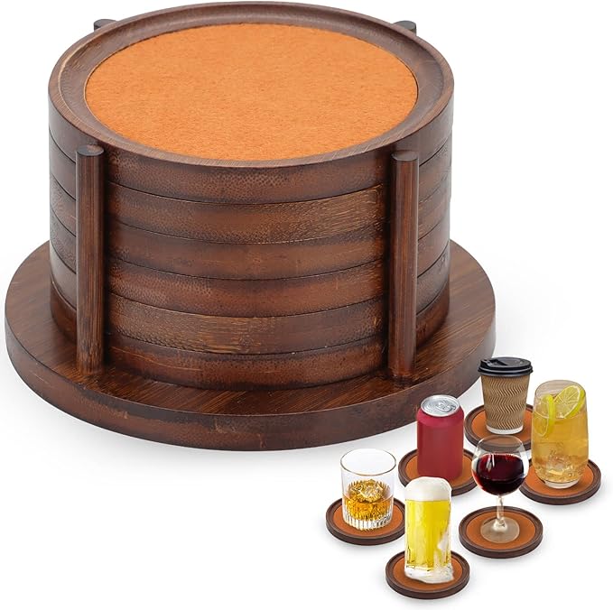 MinBoo Bamboo Coasters for Coffee Table Set of 6 Coasters for Drinks Absorbent with Holder Coffee Table Decor for Tabletop Protection Gifts for House Warming New Home & Wedding (Dark Brown 6Pcs)