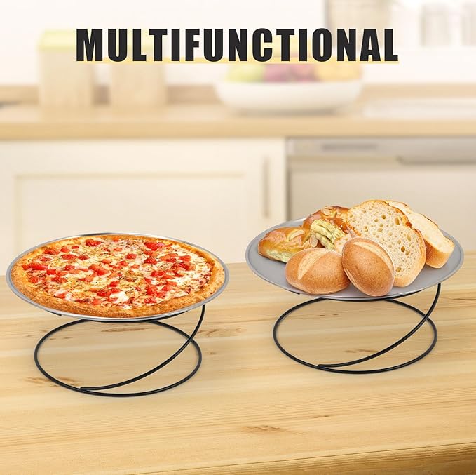 Affbei 12 Pcs Pizza Pan Riser Stands Pizza Spatula Sets Includes 4 Metal Pizza Table Stands 4 Pizza Pan and 4 Wood Handle Pie Server, Pizza Rack Stand Pizza Tray for Oven Pizza Dessert Cheese Baking