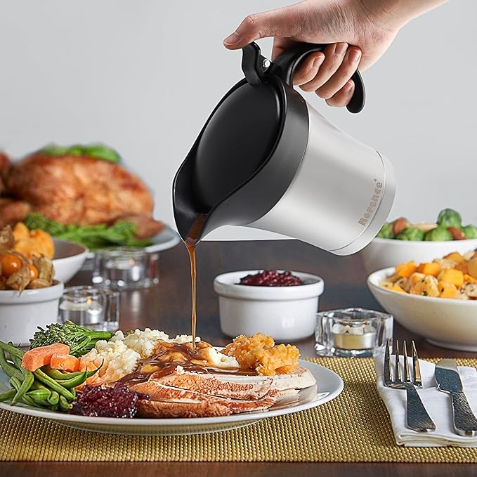 Rorence Stainless Steel Double Insulated Gravy Boat With Lid/Sauce Jug 16 Ounce Capacity