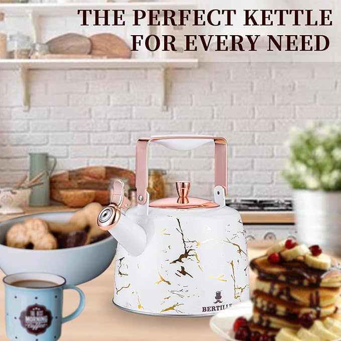 BERTILLE Teapot 2.5QT Whistle Exquisite Teapot for Stovetop, 18/8 Stainless Steel Stovetop Kettle(Gold thread)