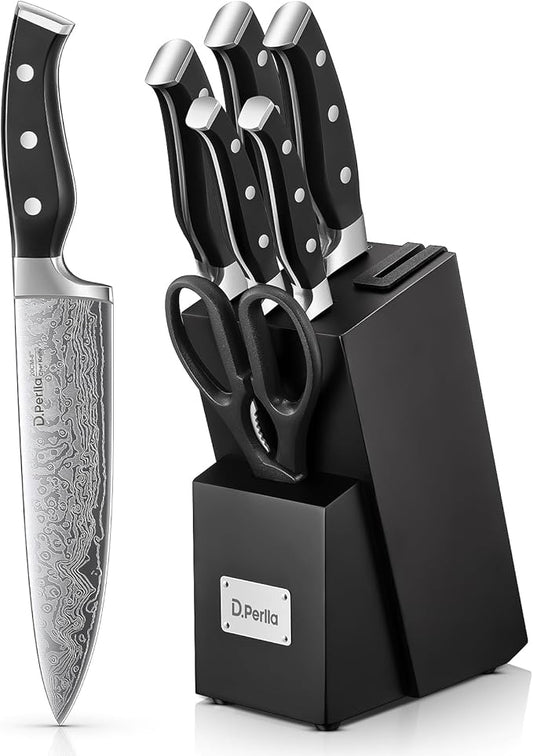 Knife Set, D.Perlla 7 Pieces Kitchen Knife Set with Built-in Sharpener, Stainless Steel Knives Block Set with Unique Waved Pattern, Non-slip Handle, Black