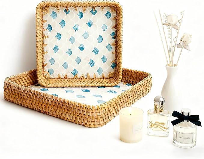 1 pcs Rectangle Rattan Serving Tray with Mother of Pearl Inlay, Decorative Wicker Tray for Coffee, Bread, Fruits, Elegant Table Decor for Living Room & Dining Room