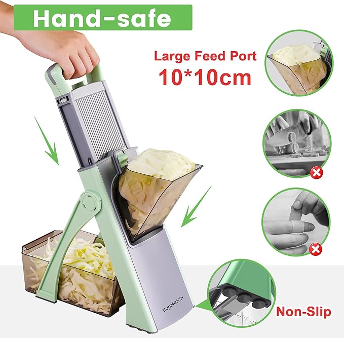 SupMaKin Upgrade Safe Mandoline Slicer Plus, Adjustable Vegetable Chopper Potato Slicer Onion Chopper, French Fries Cutter, Veggie Salad Chopper Kitchen Chopping Artifact (Green)