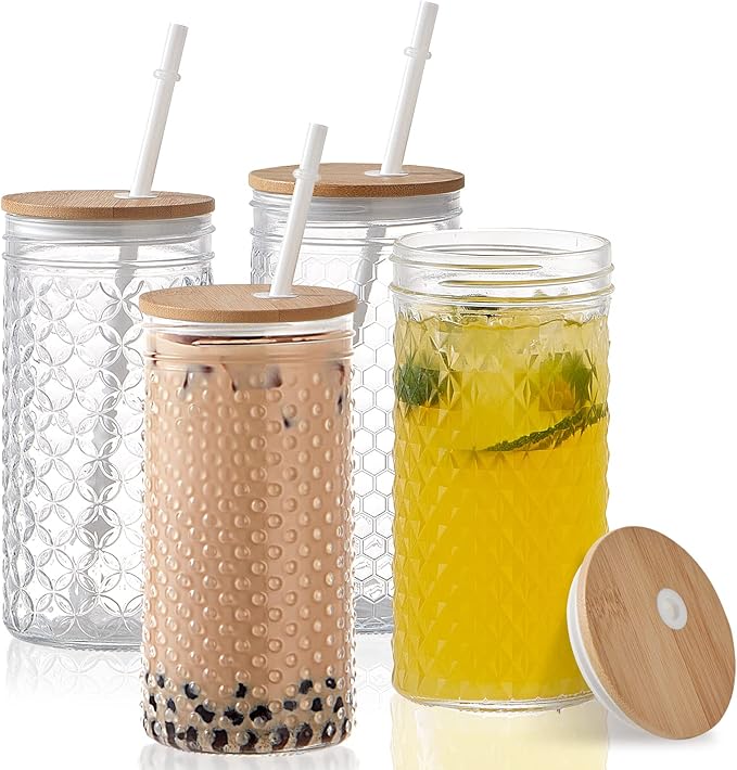 Hyperspace 4Pack Glass Tumblers with Bamboo Lids and Straws, 24 OZ Wide Mouth Mason Jar Drinking Glasses Travel Bottles with Varitey of Patterns for Multi Use