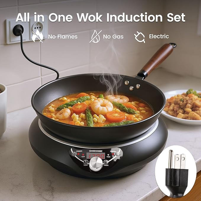 GastroGear Induction Wok Cooktop Set, 2025 New & Improved Electric Skillet Induction Burner w/Carbon Steel Wok, Glass Vented Lid, Rack, 176°F to 464°F, 18 Hrs Timer, Auto-off (Black 110V~120V)
