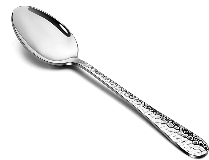 E-far 12-Piece Stainless Steel Hammered Dinner Spoons Set, Modern Silver Large Soup Spoons for Home, Kitchen, Restaurant, Round Edge & Mirror Polished, Dishwasher Safe - 7.9 Inches