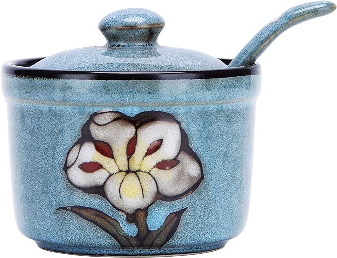 VanEnjoy Retro Hand Painted Flower Ceramic Round Sugar Spice Containers Porcelain Jar with Spoon Round Condiment (blue)