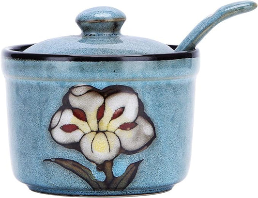 VanEnjoy Retro Hand Painted Flower Ceramic Round Sugar Spice Containers Porcelain Jar with Spoon Round Condiment (blue)