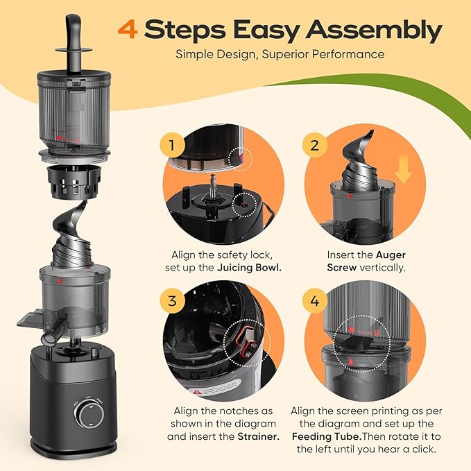 Juicer Machines, Cold Press Juicer with Wide Chute, 150 Watts Slow Masticating Juicers, High Juice Yield for Leafy Greens, Fruits & Vegetables, Easy to Clean