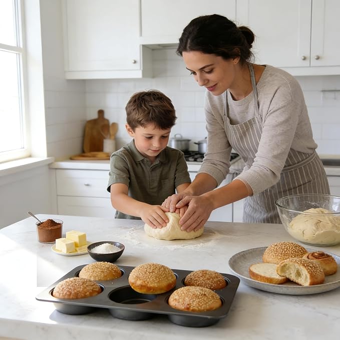 Elesinsoz 2 Pcs Muffin Top Pan with Lid, 3.6 Inch Non-Stick 6 Cup Straight Muffin Pan Cupcake Pan, Hamburger Bun Pan for Baking Egg Sandwich Frittata Cinnamon Roll