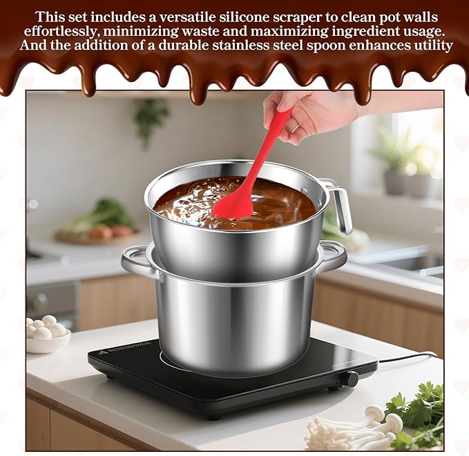BOHUIZ 304 Stainless Steel Double Boiler with Spatula and Spoon, 4.2QT Dual-Handle Pot 2.6QT Melting Bowl with Scale and Handle Stackable Water Bath Melting Pot Set for Chocolate, Butter, Sugar, Wax