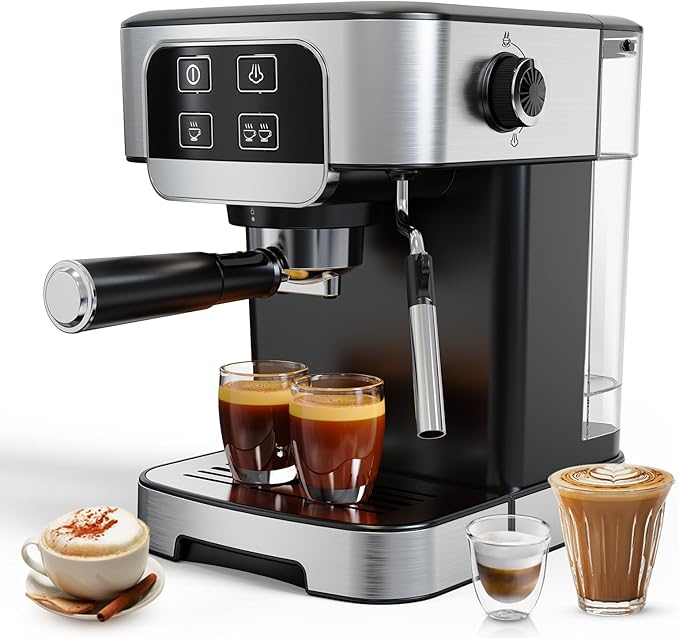 TINTALK Espresso Machine 20 Bar with Steam Milk Frother, Stainless Steel Coffee Machine with Removable Water Tank for Cappuccino,Latte, Compact Stainless Steel Coffee maker for home,Great Gift