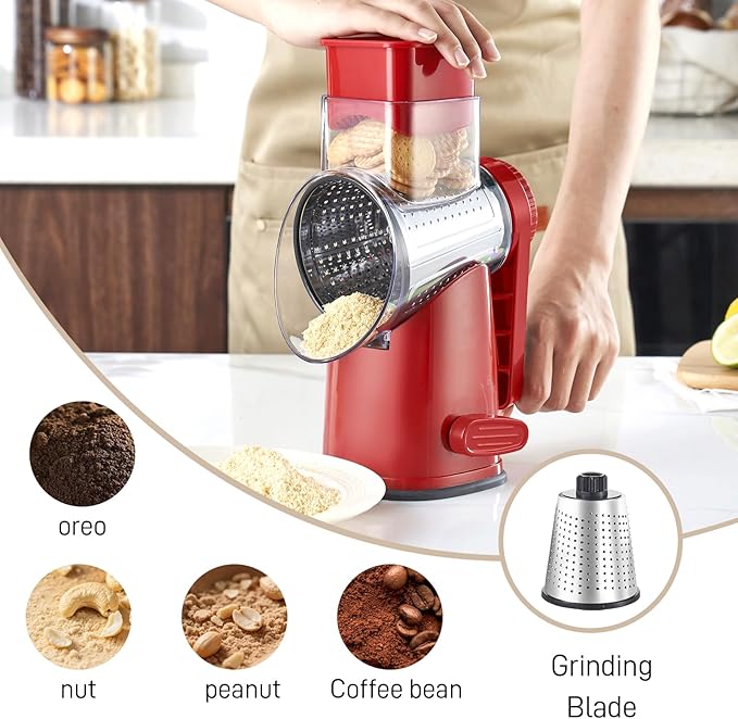 Rotary Cheese Grater with 4 Blades, Large Hand Crank Cheese Grater with Waffle Slicer, Black and White Cheese Slicer with Suction Base, Easier for Shredding& Grating (red, 4 Graters)