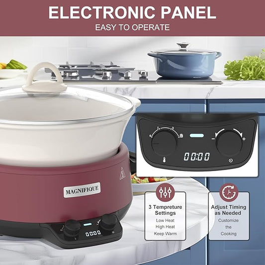 MAGNIFIQUE Small 5 Quart Round Casserole Programmable Slow Cooker with Glazed Ceramic Liner, Food Warmer Perfect Kitchen Small Appliance for Family Dinners, Red