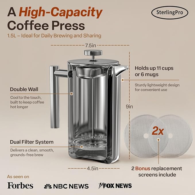 SterlingPro Stainless Steel French Press Coffee Maker Large 1.5 L(51 oz) Mirror – Durable Double Walled Insulated Coffee Press Keeps Drinks Hot, Easy to Use and Clean Stylish Design for Rich Flavor