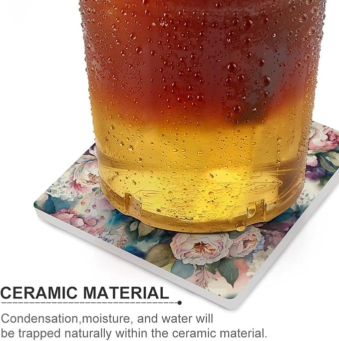 Square-6PCS Floral Drink Coasters, Square Modern Ceramic Absorbent Coasters, Watercolour Abstract Nature Plant Floral Colorful Wildflower Decor Desk Coffee Table Coaster for Beverage Cup Tea Coasters