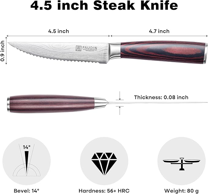 PAUDIN Steak Knives 4.5 Inch, Steak knives Set of 8, High Carbon Stainless Steel Steak Knife Set, Sharp Serrated Steak Knife with Pakkawood Handle, Kitchen Steak Knife Set with Gift Box