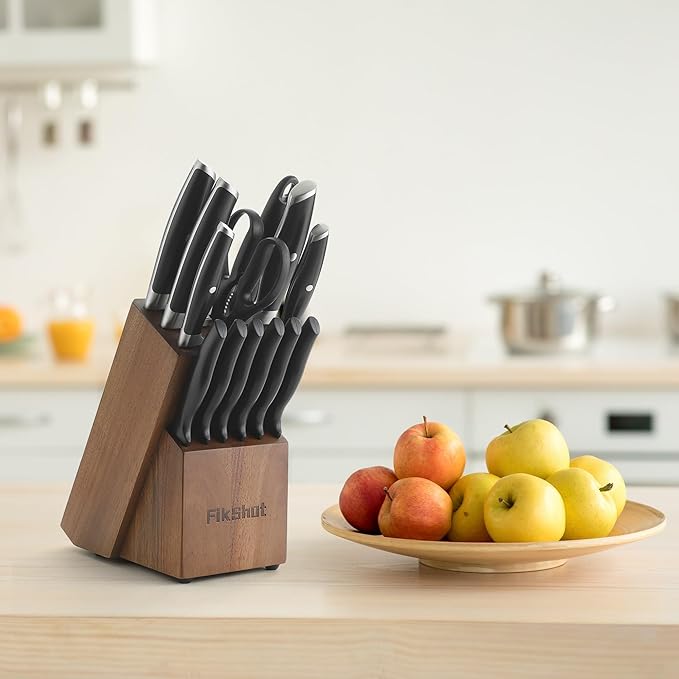 Knife Block Set, FIKSHOT Kitchen Knife Sets, High Carbon Stainless Steel Full Tang, Razor-Sharp Blade Rust Resistant, Professional Chef's Knives for Home Cooking (BLACK)