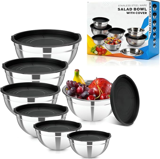 7 Piece Stainless Steel Mixing Bowls with Lids Set, Metal Mixing Bowls Nesting Design Salad Bowl for Kitchen Cooking, Baking, Prepping and Serving Food (Size 0.7, 1.1, 1.5, 2.1, 3.5, 4, 4.5QT)