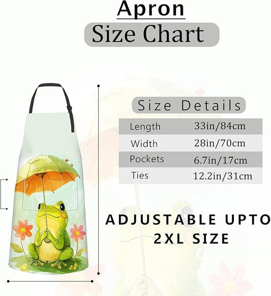 Cartoon Frog Apron Whimsical Toad with Umbrella and Flowers Aprons Waterproof Oxford Polyester Adjustable Pockets Design for Cooking, Crafting, Garden Decor, for Adults, 28x33 Inch