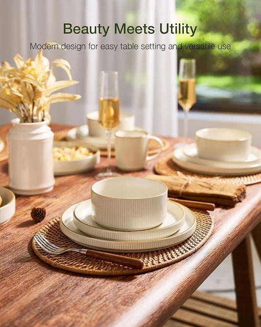 Famiware Star Dinnerware Set with Pasta Bowls, Service for 6 (24 Pieces), Ribbed Stoneware Plates and Double Bowls Sets with Trim - Chip & Scratch Resistant, Microwave & Dishwasher Safe Dishes, White