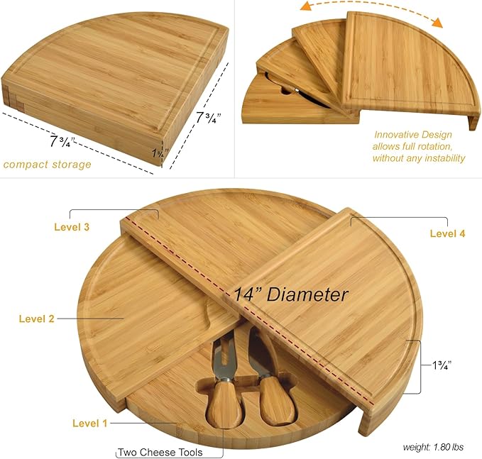 Picnic at Ascot Bamboo Cheese/Charcuterie Board with Knives & Cheese Markers- Innovative Patented Design enables All in One Storage