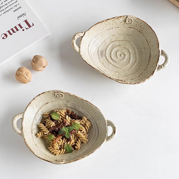 Retro Glazed Ceramic Serving Bowl with Handles Irregular Bowl Opening for Spaghetti,Fruit,Salad,Table Centerpiece Deco