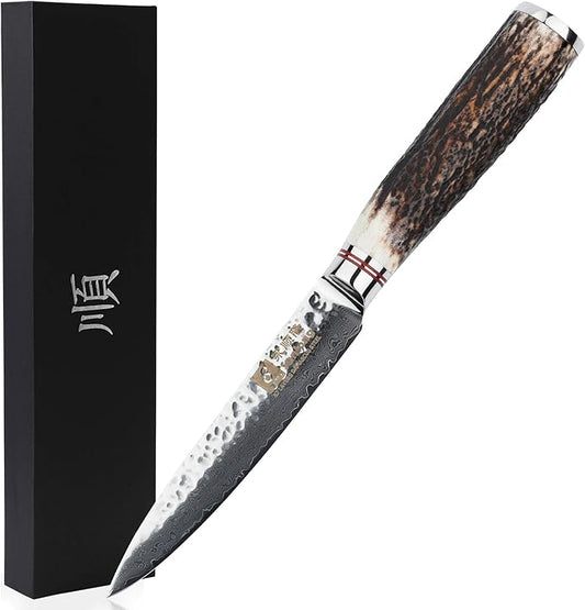 SUNLONG Utility Knife 5 inch Multi-purpose cutter - Japanese Hammered Damascus Natural Antlers Handle