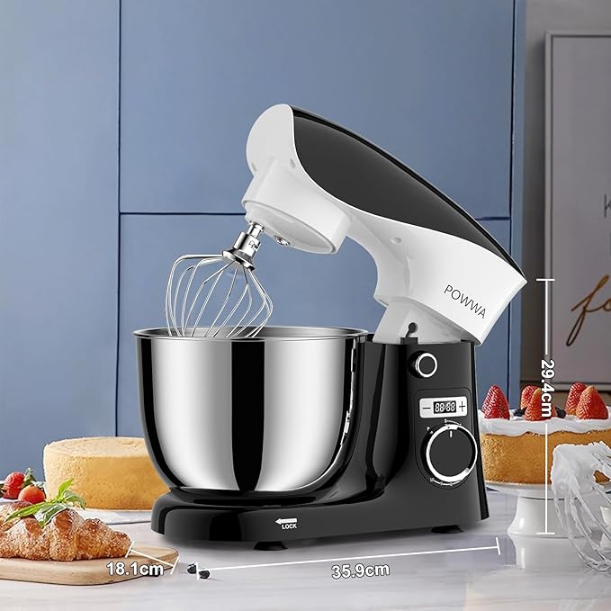 POWWA Stand Mixer, 6.5QT 10 Speeds Tilt-Head Electric Stand Mixer, 3-In-1 Kitchen Mixer with Bowl, Dough Hook, Whisk and Beater, Food Mixer for Baking and Daily Use (BLACK WHITE)
