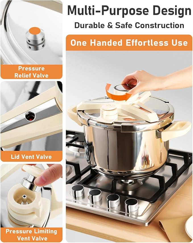Abijan Stainless Steel Pressure Cooker 9.5 QT, 10PCS Cooking Pressure Cooker with Glass Lid & Steamer Rac, 3 PSl Settings, One-Hand Locking, Compatible with Gas & Induction Cooker, Olla de presion Set