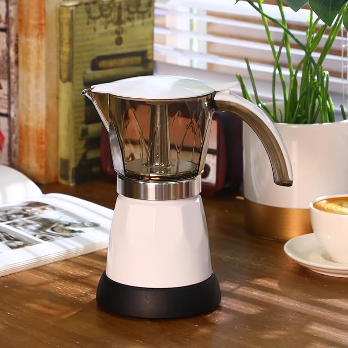 Lemosae Electric Espresso Maker Transparent Coffee Maker Electric Moka Pot Portable Aluminum Espresso Machine Italian Moka Pot with Detachable Base, Coffee Gift for Women Men Home Travel (White,6 Cup)