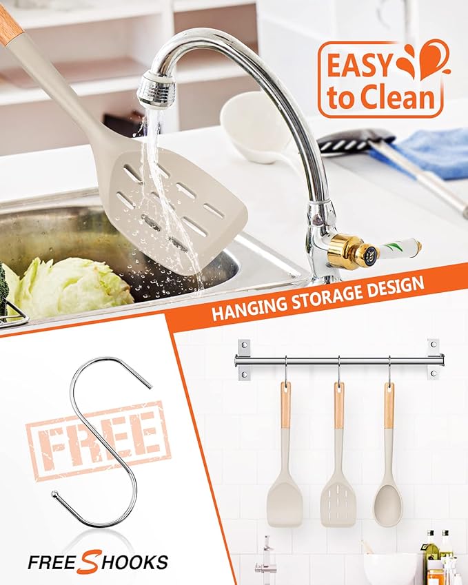 Pack of 3 Silicone Spatula, Non Stick Cooking Utensil Set Wooden Handle Kitchen Turner for Baking Mixing Grilling Serving Food Heat Resistant Non Scratch Hooks Included,Khaki