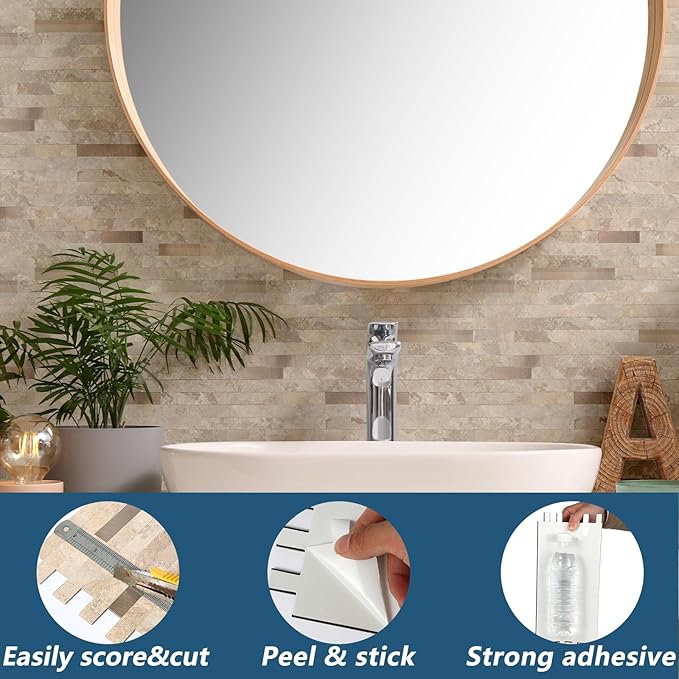 Yipscazo 20 Sheets Peel and Stick Stone Metal Backsplash, PVC Wall Tiles Stick on Tiles for Backsplash Kitchen, Bathroom, Fireplace (6'' X 12'', Beige Stone)