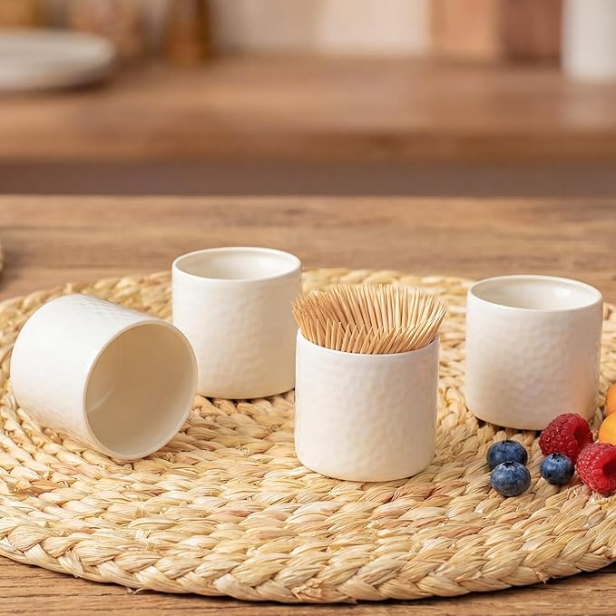 Mimorou 4 Pcs White Ceramic Toothpick Holder Simple Ceramic Toothpick Dispenser Container for Home Charcuterie, Easy to Clean (Hammered Texture)