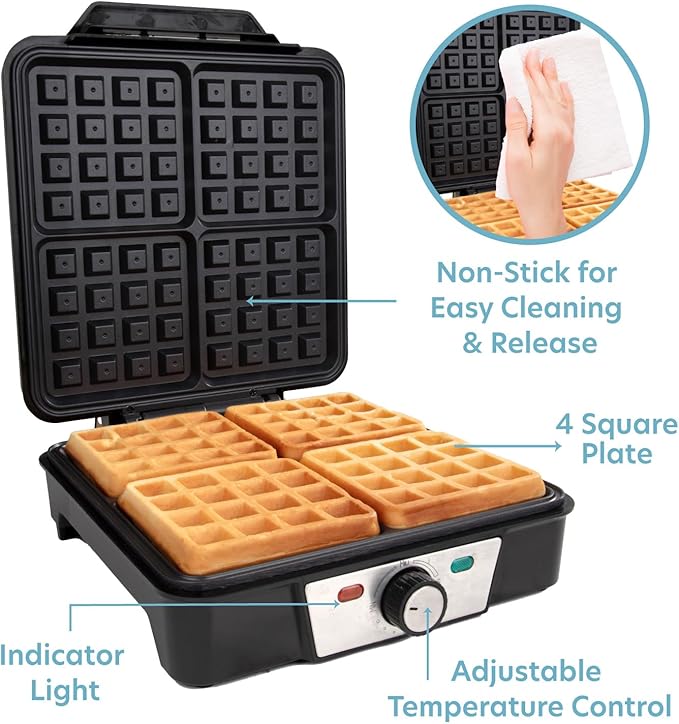 CucinaPro Four Square Belgian Waffle Maker, Extra Large Stainless Steel Kitchen Appliance w Nonstick Waffler Iron Plates- Make 4 Fluffy Waffles, Griddle for Family Morning Breakfast with Recipe Guide
