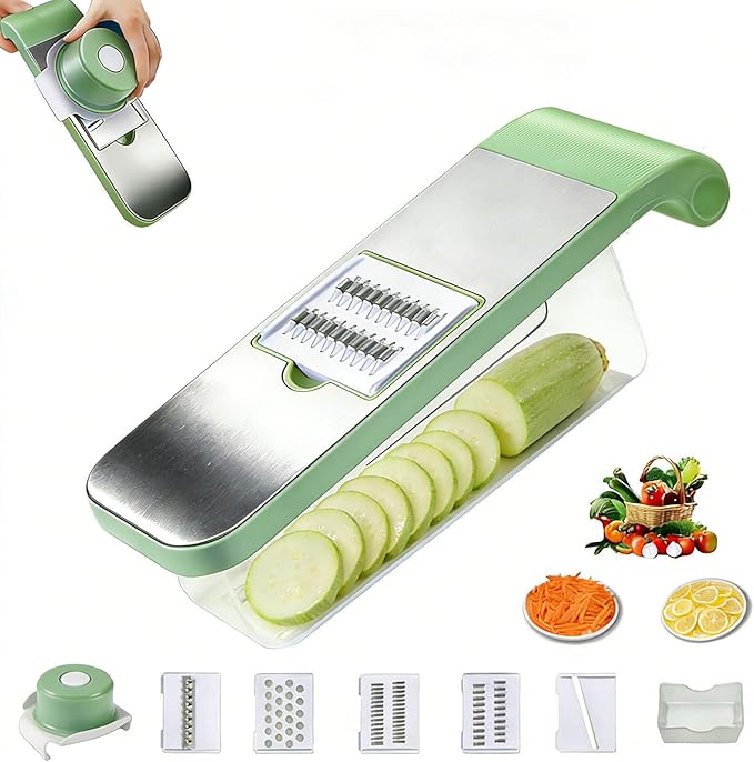 5-in-1 Mandoline Manual Food Chopper - Multifunctional Vegetable Cutter with Container, Stainless Steel Blades for Potato Slicer, Fruit Cutter, Hand Cheese Grater | Essential Kitchen Gadgets