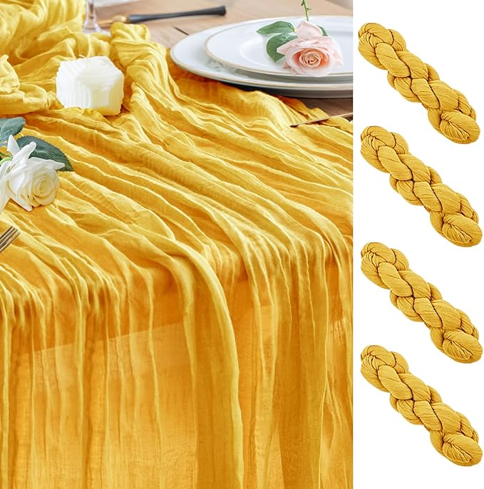 Wokceer Cheesecloth Table Runner 4Pack 10FT Gold Christmas Boho Gauze Fall Cheese Cloth Table Runner for Party Easter Rustic Sheer Table Runners for Baby Bridal Shower Wedding