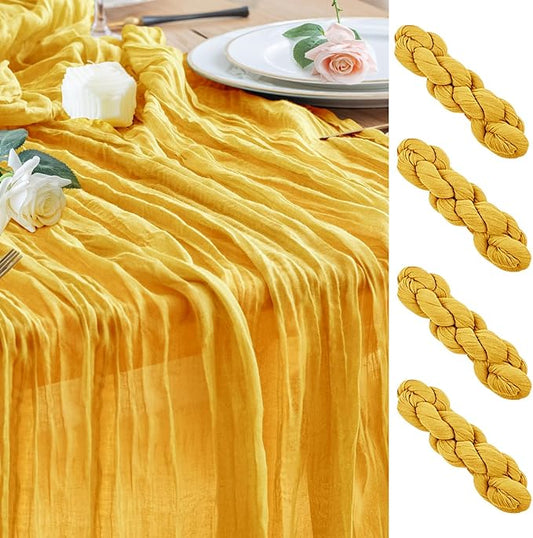 Wokceer Cheesecloth Table Runner 4Pack 10FT Gold Christmas Boho Gauze Fall Cheese Cloth Table Runner for Party Easter Rustic Sheer Table Runners for Baby Bridal Shower Wedding