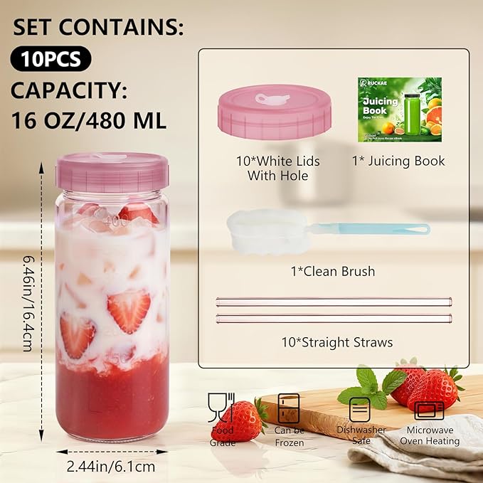 Ruckae 16oz 10 Pack Glass Juice Bottles with Dual Scale, Reusable Glass Bottles with Hole Lids and Straws Mason Jar for Juicing, Smoothies, Kombucha - Water Bottle for Fridge or Gym (Pink)